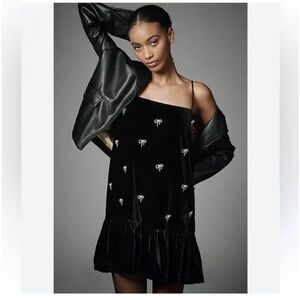 ANTHROPOLOGIE Velvet Black Dress with Bow Accents
